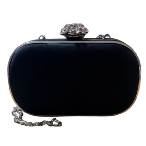 Lulu Townsend Satin Black Silver-tone Clutch, Floral embellishment, Strap - Picture 6 of 10